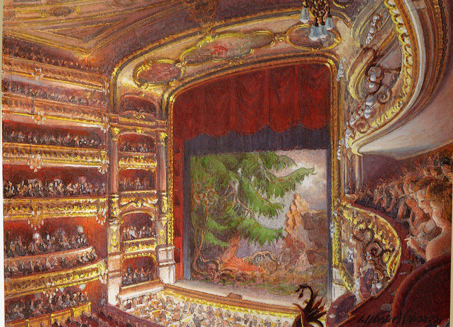 Interior del principal Gran Teatre del Liceu, Barcelona, durante unas actuaciones de la Valquiria, acto III. Aacuarela y gouache. 16x21cm. Isabel Mestres Lanaspa. Barcelona.