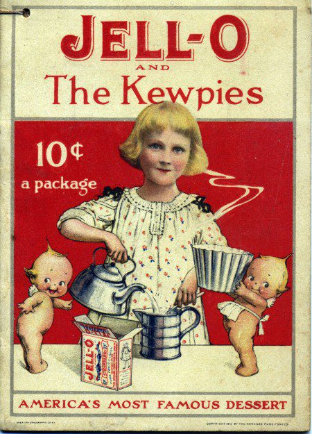 Imágenes de Kewpie en distintas campañas comerciales y etiqueta original del muñeco. 01