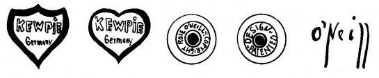 Sello, etiquetas encontradas en muñecos Kewpie y firma de O’Neill. German Doll Encyclopedia 1800-1939 by Jürgen & Marianne Cieslik. 
