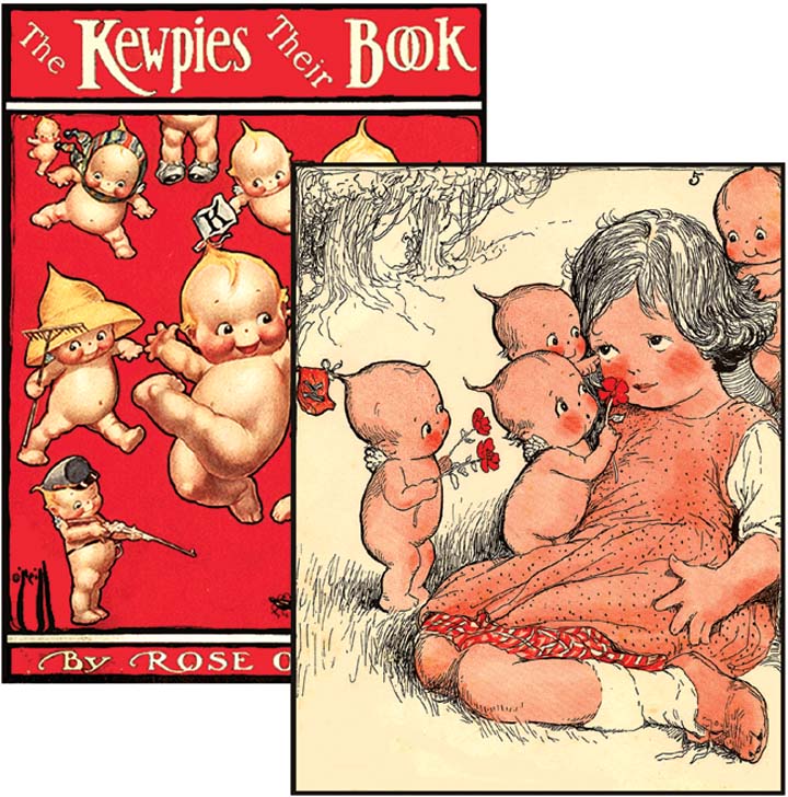 Imágenes de Kewpie en distintas campañas comerciales y etiqueta original del muñeco. 04