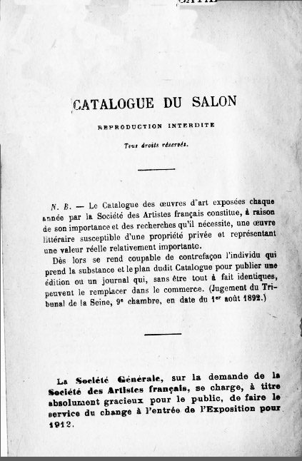Cubierta, páginas de 'Le Salon' (1912), lista de Artistas 'René y su obra,' catálogo oficial de la exposición de 1912 y otras obras de René Bertrand-Boutée.